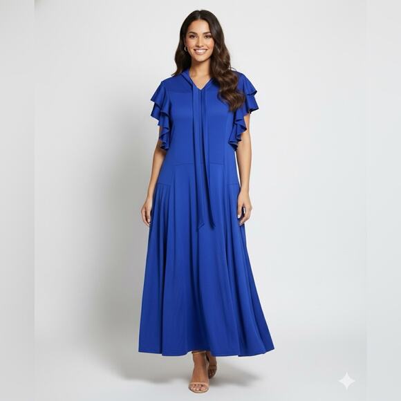 Dance Innovations Royal Blue Performance Dress, Flowy Ruffle Sleeve, NWT size AM - Picture 2 of 15